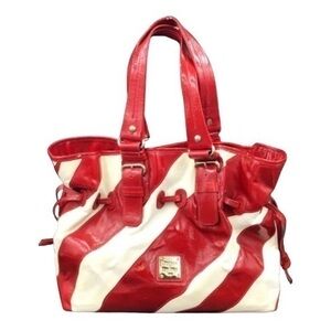 Dooney & Bourke Large Red Patent Leather/White Canvas Striped Tote EUC